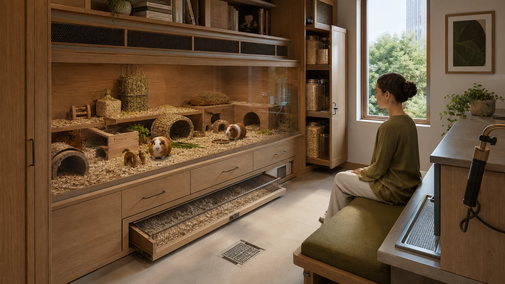 Oak-integrated floor-level habitat for two guinea pigs with deep bedding, hides, tunnels, hay and cleaning access
