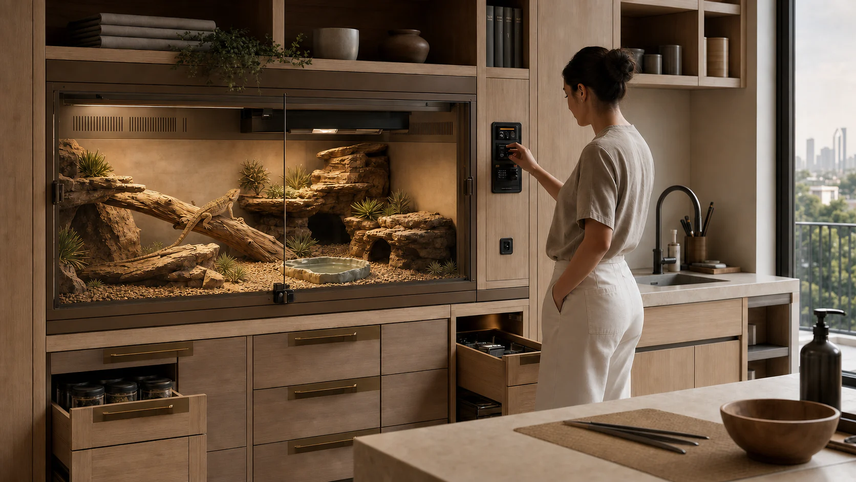 Large lockable terrarium with one lizard, natural substrate, basking and cool zones, protected fixtures and environmental controls