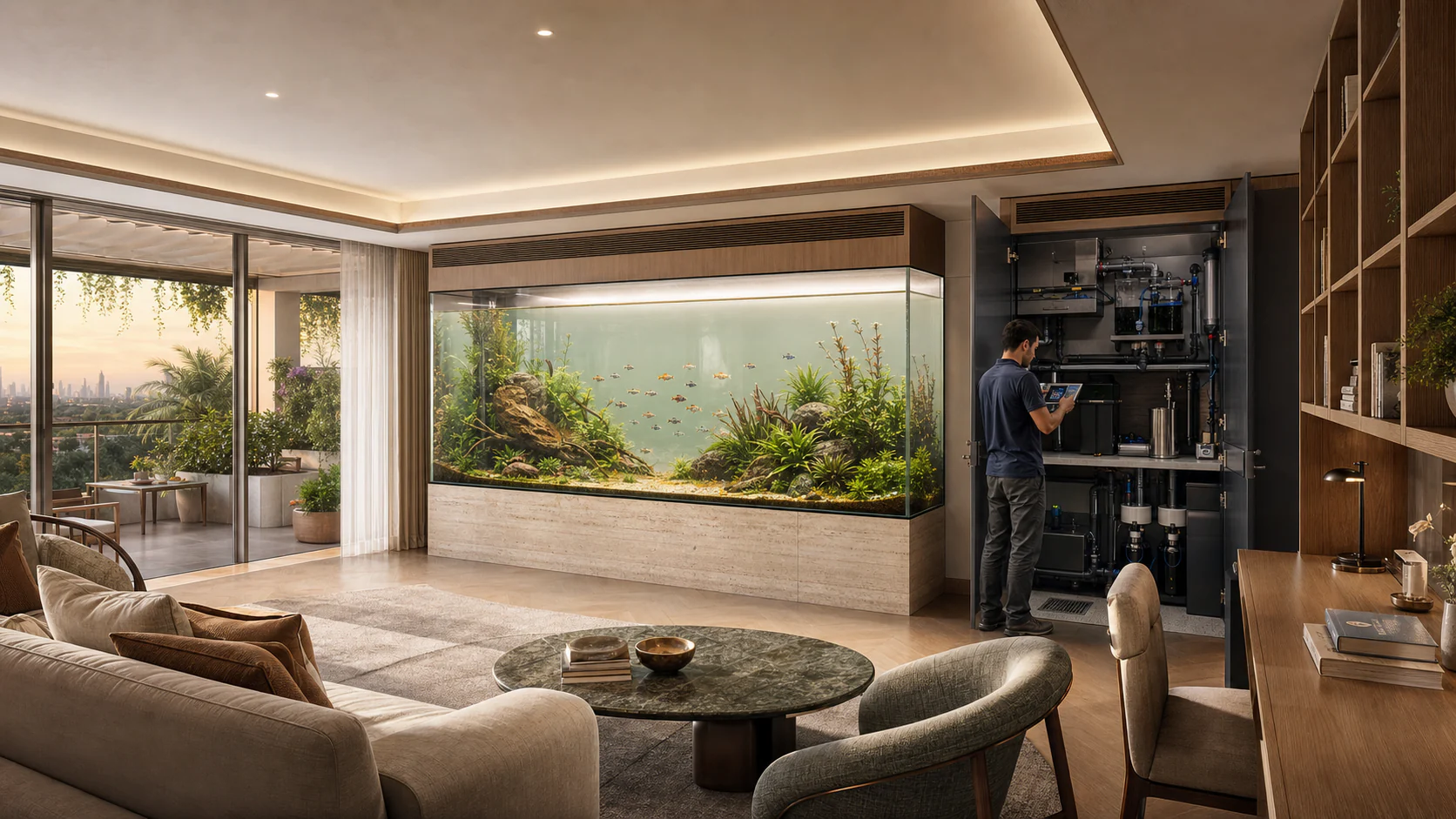 Sky-home with a structurally supported freshwater aquarium, natural aquascape and accessible life-support cabinet