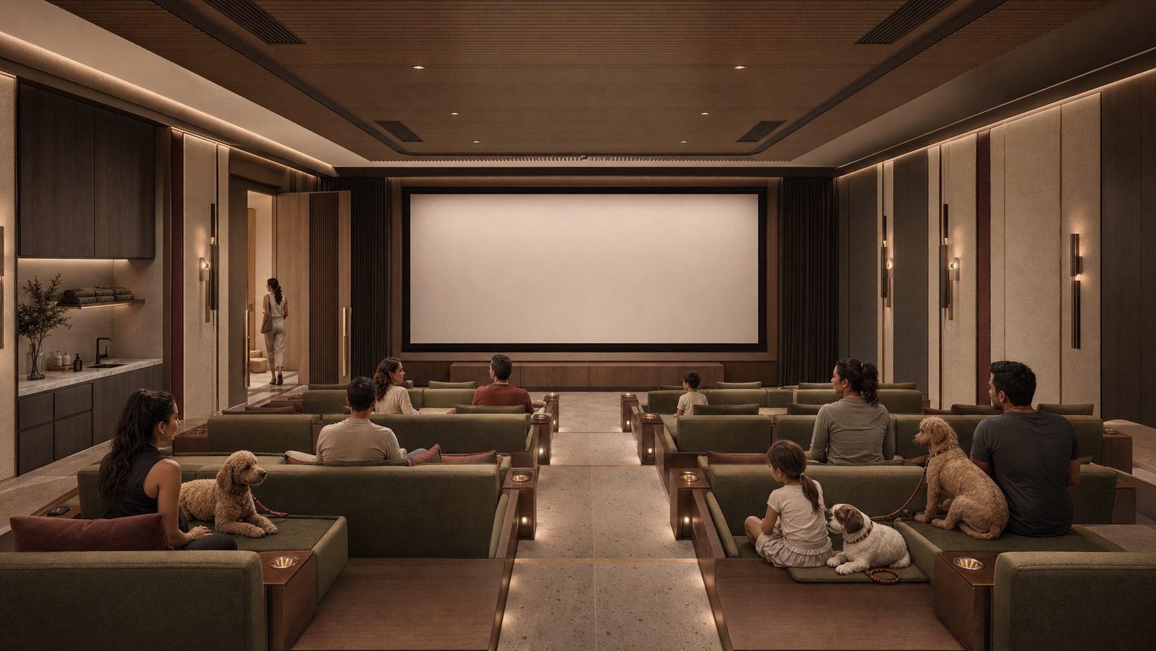 Residents and their small dogs enjoying a quiet indoor air-conditioned film screening