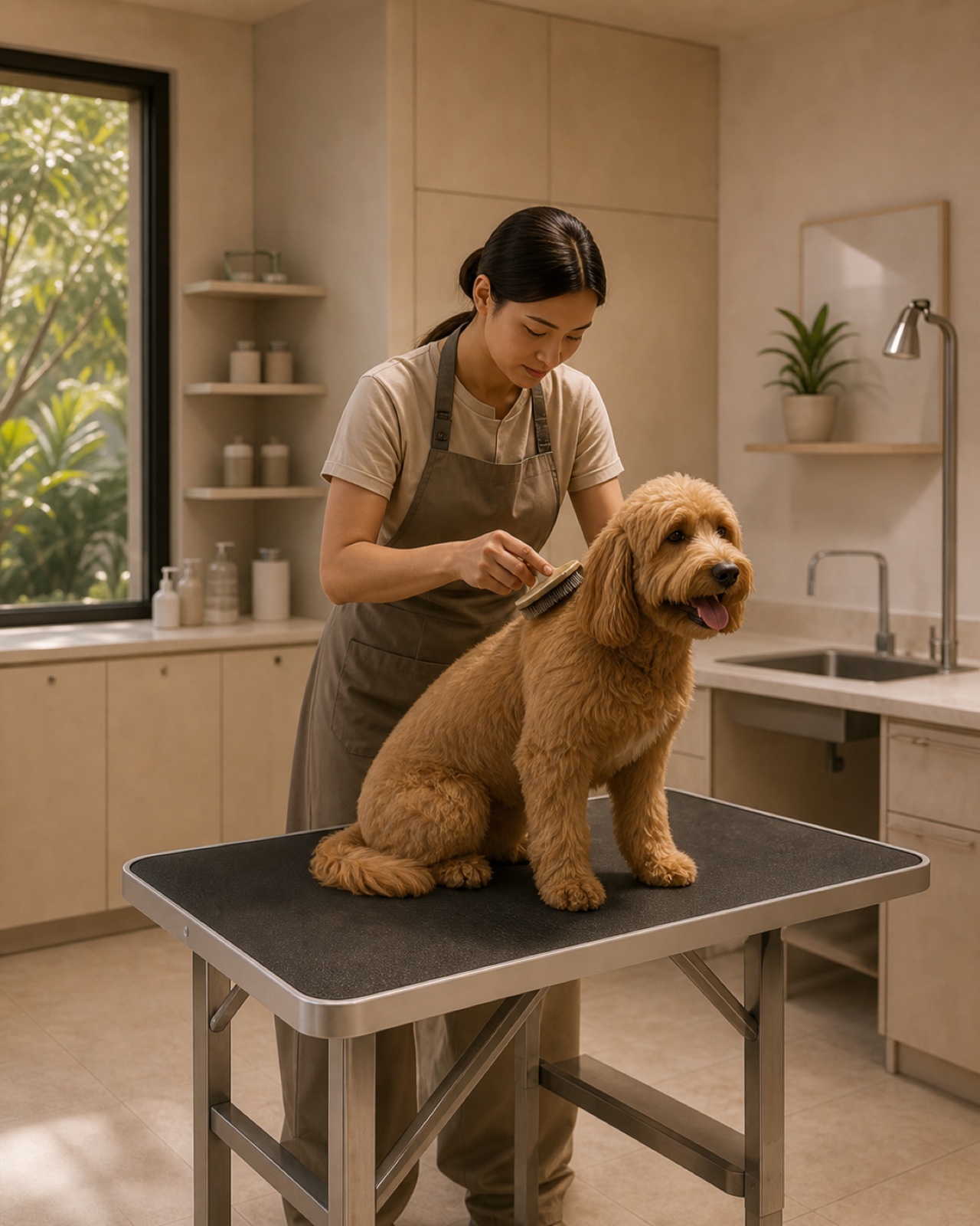 A dog receiving calm professional grooming in a residential salon