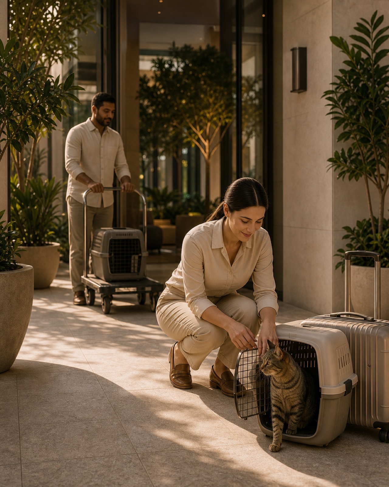 A resident and cat arriving with help from a pet-relocation concierge